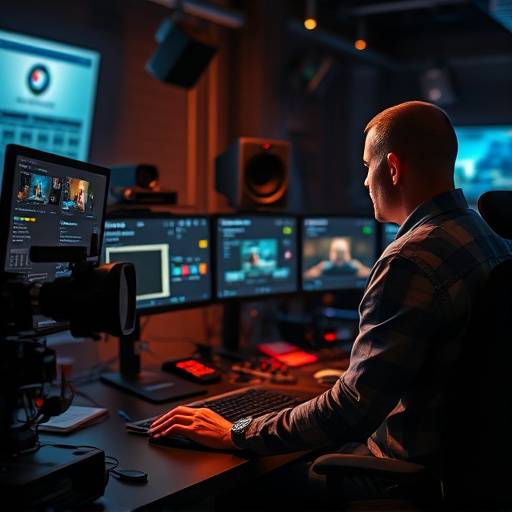 Editor de video trabajando en una estación de edición